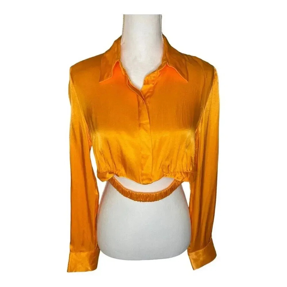 ZARA Women’s Medium Orange‎ Long Sleeved Satin Effect Crop Shirt NWT